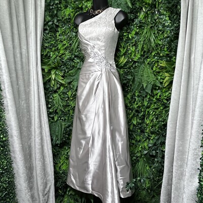 LAN TING BRIDE Dress Silver Lace Gown Size 2 One Shoulder Sequin Pleated  2572