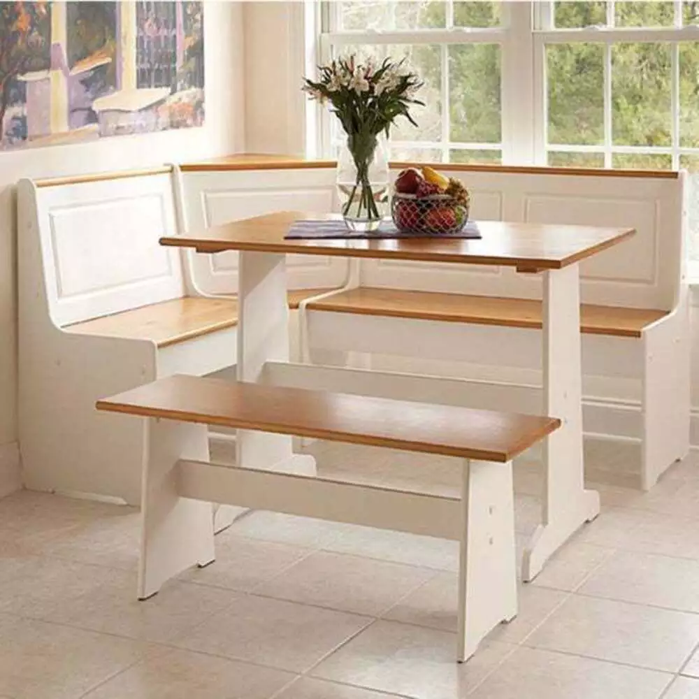 Kitchen Nook Breakfast Set Dining Table w/Corner & Bench White & Honey Pine  Wood