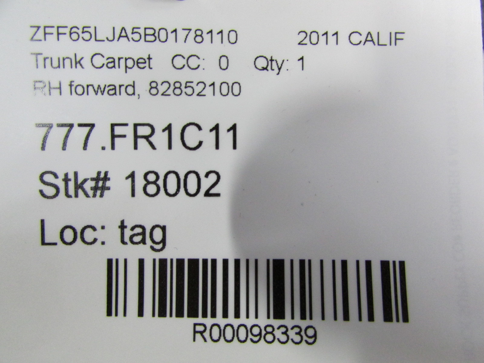 Ferrari California, RH, Right Forward Trunk Carpet, Used, P/N 82852100