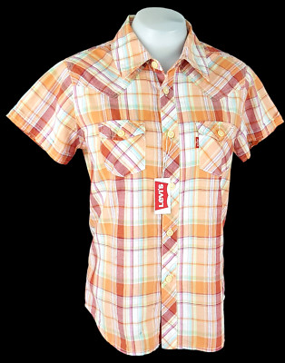 LEVIS RED TAB Damen orange kariertes S/S ABENDHEMD ultraweich - L - UVP 59£