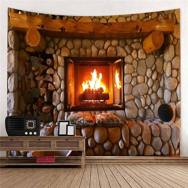 Wall Tapestry Winter Fireplace Pattern Hanging Decor Bedspread