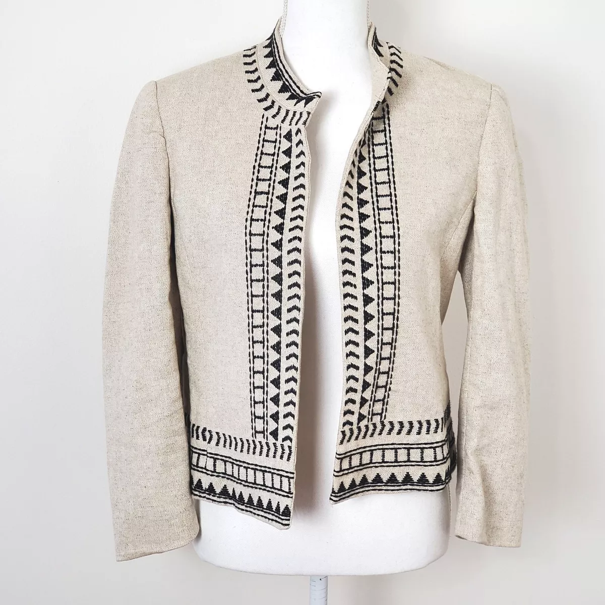 Ann Taylor Linen Blend Blazer Jacket Womens Sz 4 Geo Trim Open Front Cream Beige