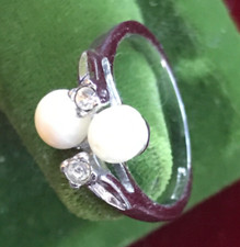 Vintage Cultured Pearl  Rhinestone  Sterling Silver Stamped Ring Size 7.5