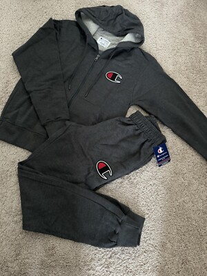 Champion Mens Big C Logo Patch Full-Zip Hoodie&Joggers Set Granite Heat Size S