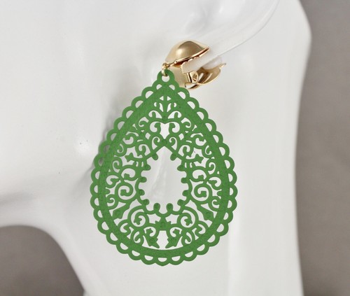 Grüne Clip On Ohrringe filigran Träne Anhänger Clips leicht 2,5" lang - Bild 1 von 10