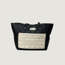 Betsey Johnson Tote Bag Purse Large Black Quilted Heart Faux Leather Cream
