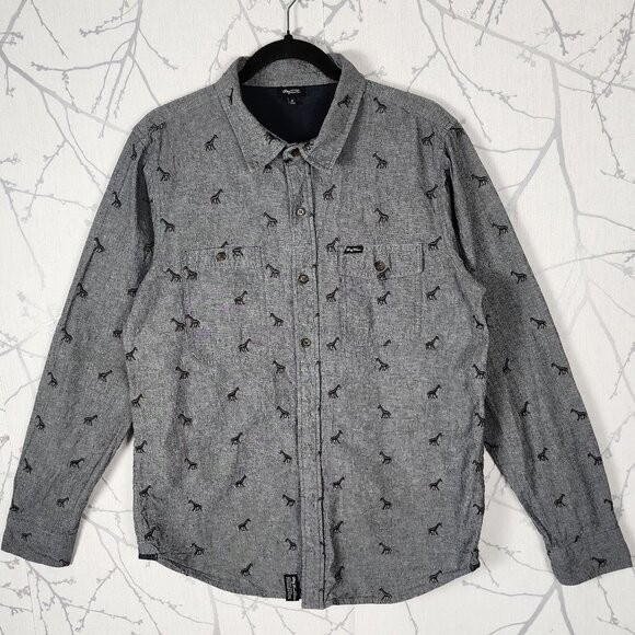 LRG Clothing Equipment Gray Chambray Giraffe Embroidered Shirt | Men's M