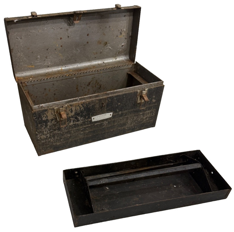 Vintage Metal Toolbox w/ Hinged Lid & Removable Tray Rustic Industrial Storage