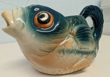 Vintage Koi Fish Pitcher green blue ceramic