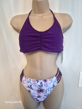 SHEKINI Women's 2-Piece Bikini Bralette Halter Strappy Floral Purple/White L