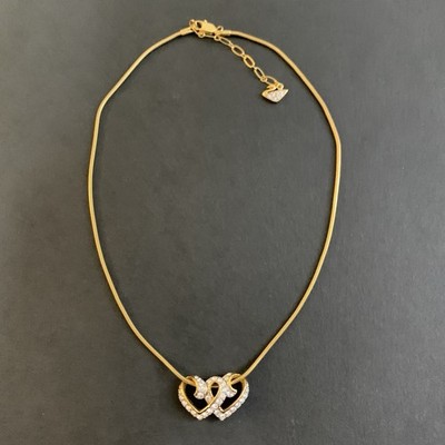 Swarovski Necklace Double Heart Interlocking Two Hearts Gold Tone Pave Swan 16''!