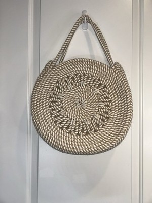 Round Woven Straw Shoulder Bag - Shell Accent, Magnetic Closure, Double Handles