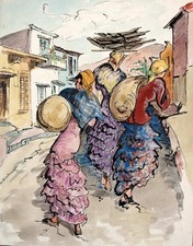 Ivy Attwell. Drawing. Women in traditional dress. Mediterranean, Latin American.