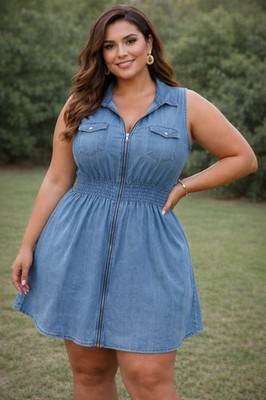 Women's Dress Plus Size Summer Sleeveless Zip Up Casual Denim Dress Size:4XL US