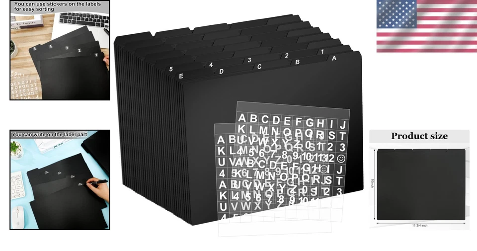 50 Sturdy Black Tab File Dividers with Alphabet Stickers for Easy Organization - Image 2 of 4