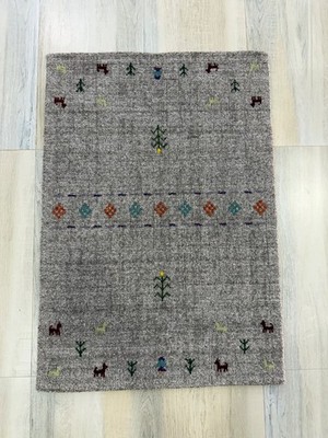 Handgefertigter Gabbeh Wollteppich 2 x 3 Fuß Eschgrau Minimalistisch Oriental...