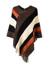 Women's Striped Poncho Sweater Cozy Knit Fringe Shawl Wraps for Brown  Black