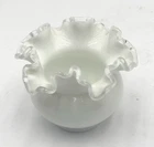 Vintage Fenton Milk Glass Vase White Ruffled Clear Edged Rose Pot 5" No Stand