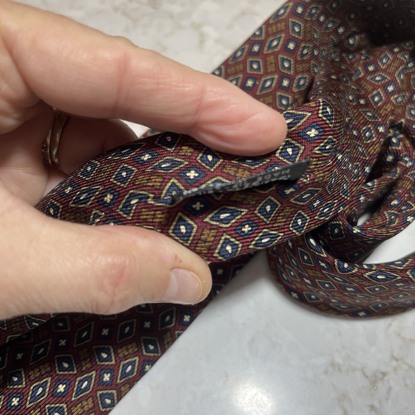 CHANEL Paris 100% Silk Men's Tie Burgundy Blue Geometric Diamond Made in Italy thumbnail 7