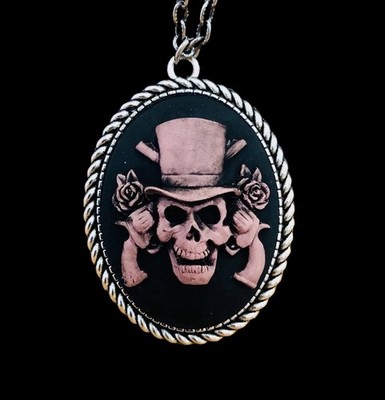 Guns N Roses Cameo Necklace Pendant, Distressed Pink/Black, Steampunk Hard Rock