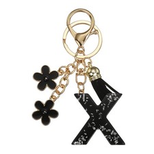 Alphabet Initial Letter Keychain Cute Charm with Tassel Flower Letter X Black