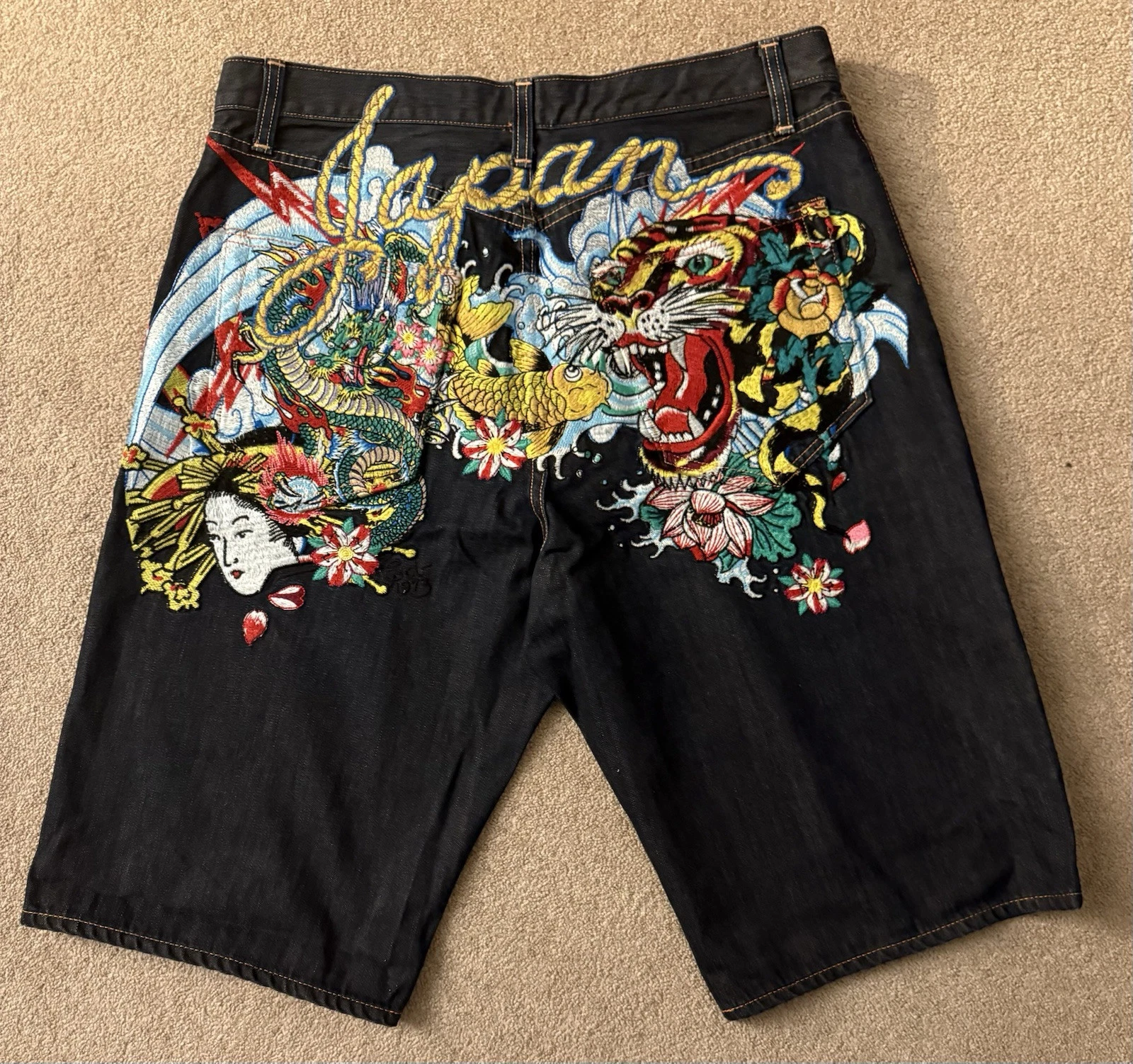 Ed Hardy Denim 38 Japan Dragon Koi Fish Tiger Lightning Rare Cotton VINTAGE!