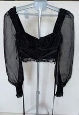 For Love  Lemons Black Lace Corset Crop Top Sheer Puff Sleeves Size L