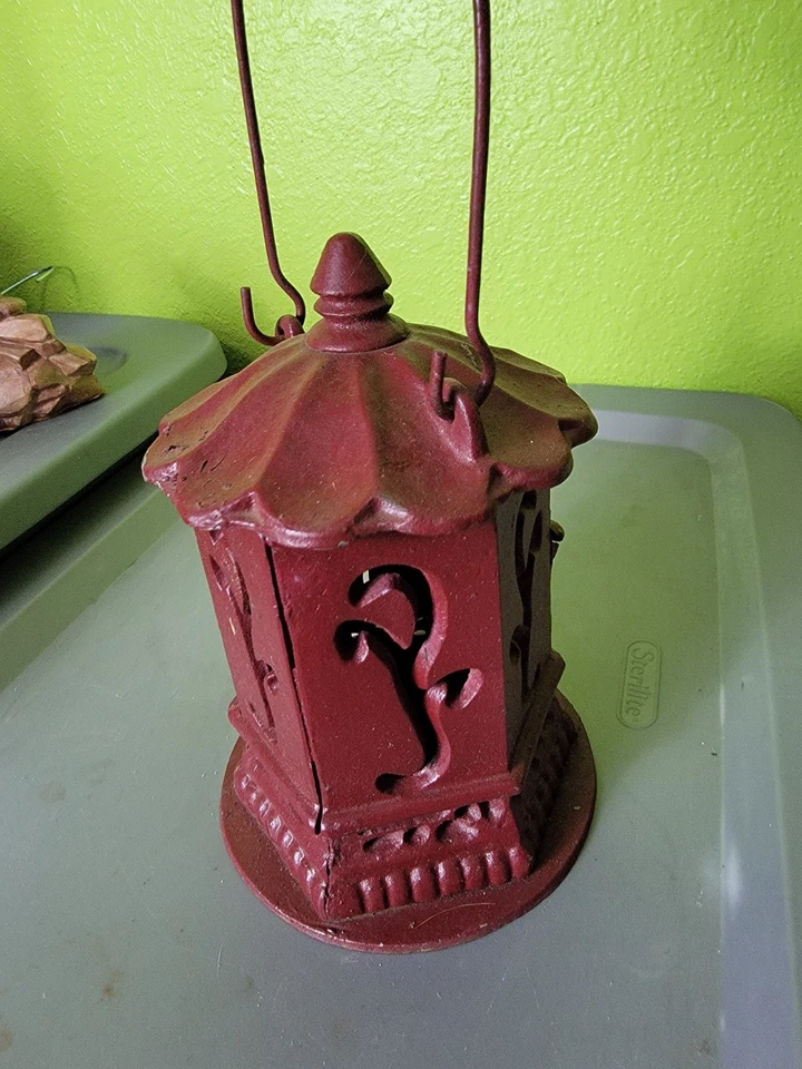 Antique Japanese Ikebana Cast Iron Lantern Red Vintage Outdoor Decor Hang - Image 4 of 4