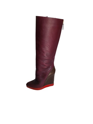 Jil Sander Leather Tall Knee Hi Back Zip Wedge Burgundy Boots 38 - Picture 3 of 16