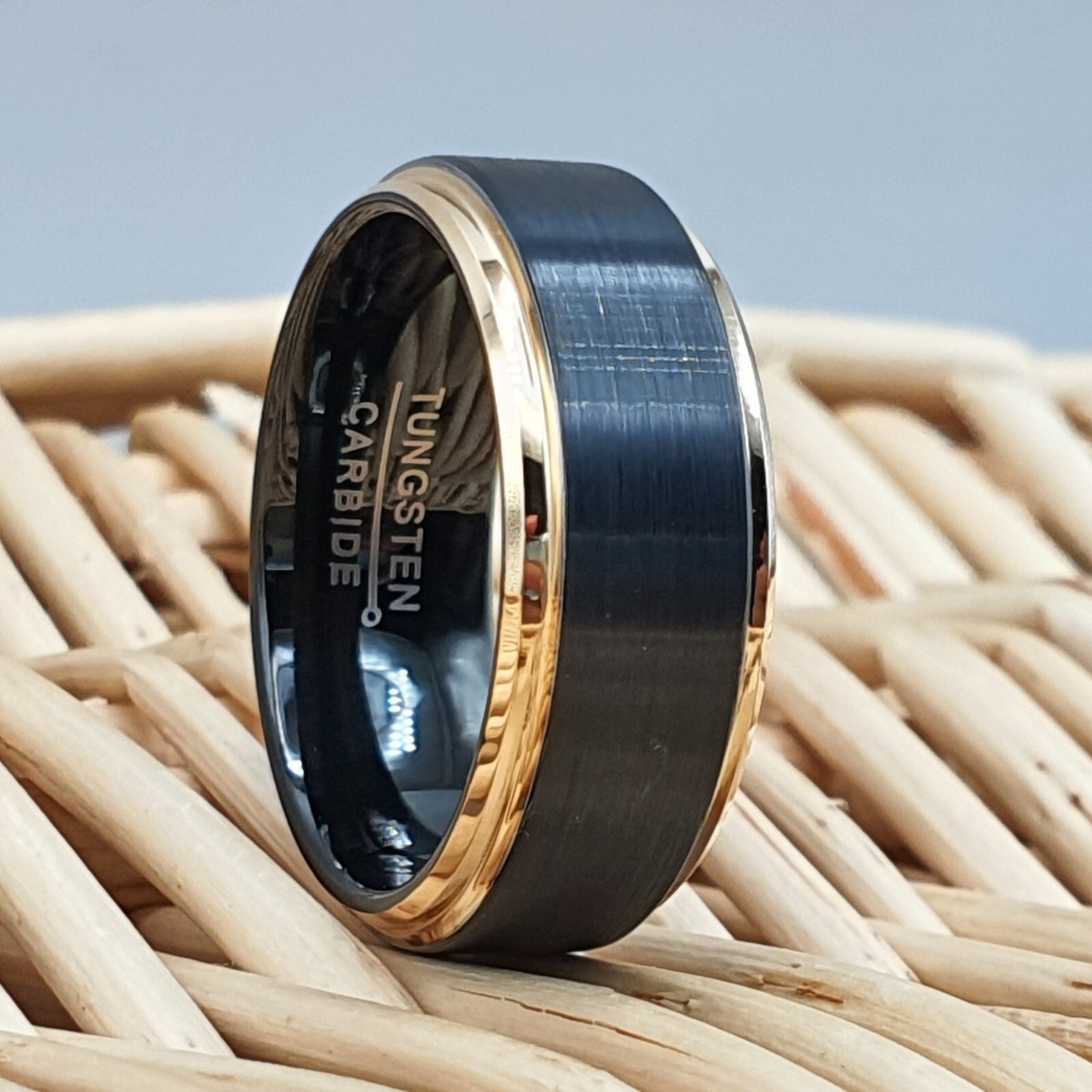 Black Tungsten Rose Gold Wedding Band – Matching Promise Rings