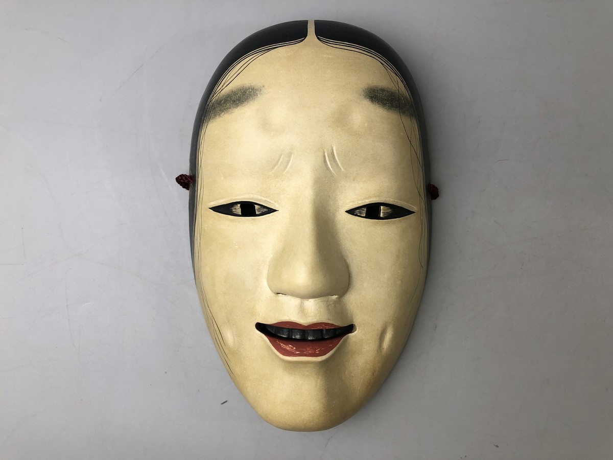 Y7378 NOH MASK wood carving Masukami signed bag Japan