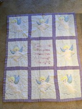Angel Baby Quilt Appliqued  Embroidered with Gingham Border - Vintage