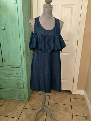 MIRACLE BERRY, WOMENS, DENIM LOOK, COLD SHOULDER, RUFFLED, HI-LOW DRESS, M