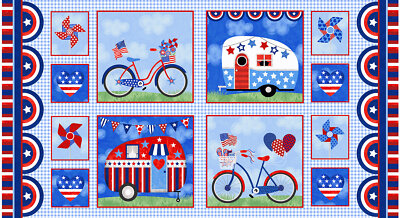23'' Fabric Panel | Studio E My Happy Place Patriotic Camper Bicycle Block Blue