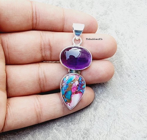 925 Silver Sterling Pink Oyster & Amethyst Pendant Handmade Item Gemstone Gift - Picture 8 of 10