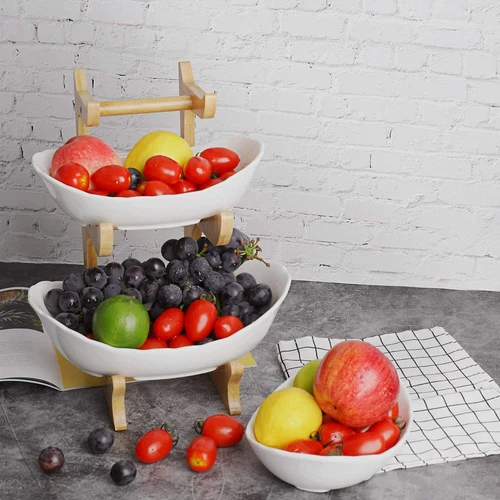 Obst Etagere 3 stöckig Obstkorb Obstschale Küche Keramik Schüssel Bambusständer - Bild 11 von 12