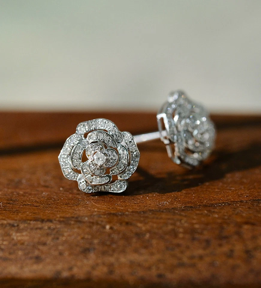 Brinco feminino de ouro branco 18K real 0,30 ct diamante natural aglomerado camélia - Imagem 2 de 4