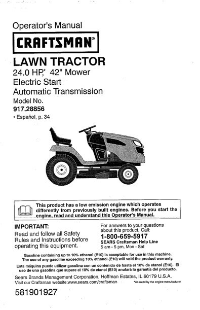 Yt 4000 Craftsman 24 Hp Lawn Tractor Manual Owner's Manual Sears