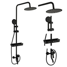 FA Rain Shower Faucet Set Black Round Head Wall Mount Shelf Mixer Valve Tub Tap