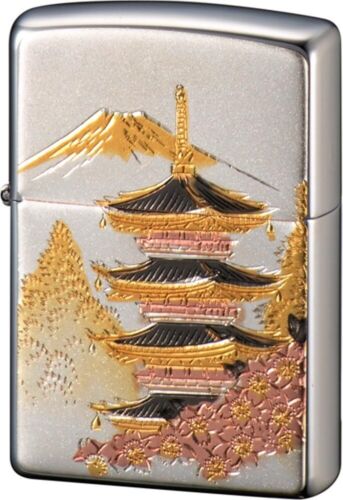 Zippo Japanese Kyoto Temple Five-storied Pagoda Mt. Fuji Japan Silver Lighter - Afbeelding 1 van 2