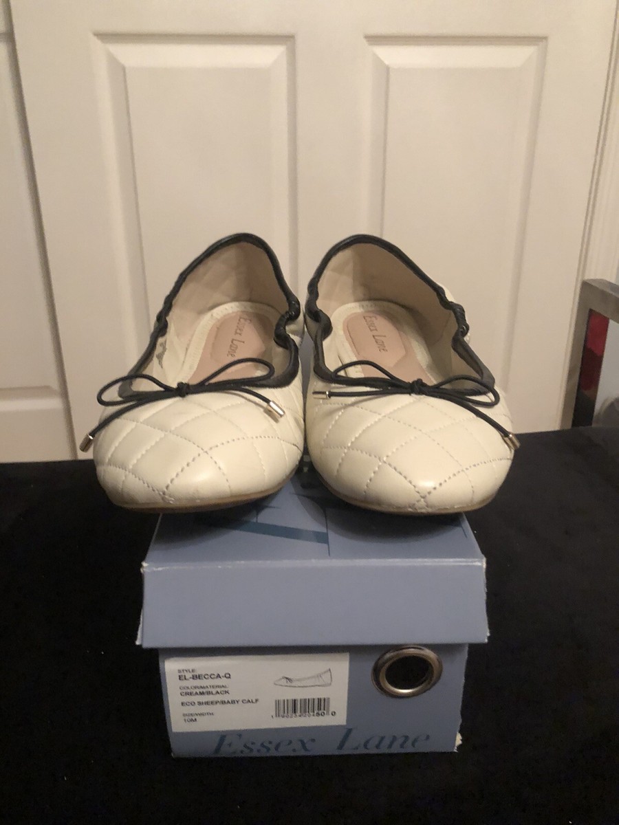 Essex Lane Cream And Black Bow Leather Quilted Woman’s Flats Size 10 With  Box