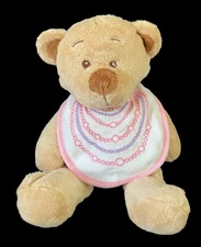 HugFun Teddy Bear Brown Tan w Pink Bib Stuffed Animal Plush Baby Toy Rattle 11"