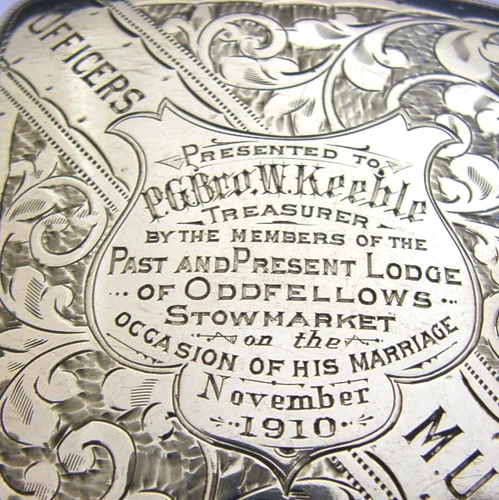 ENGLISH ANTIQUE STERLING SILVER ODDFELLOWS STOWMARKET CIGARETTE CASE 1910 79g