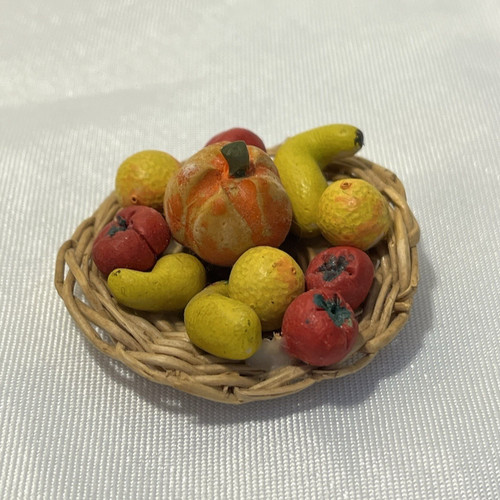 Vintage Dollhouse Artisan Miniature Handmade Woven Wicker Basket W/Fruit 1:12