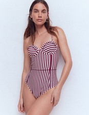BODEN Rhodes Cup-Size Swimsuit in Chocberry, Ivory Stripe - Size 38DD