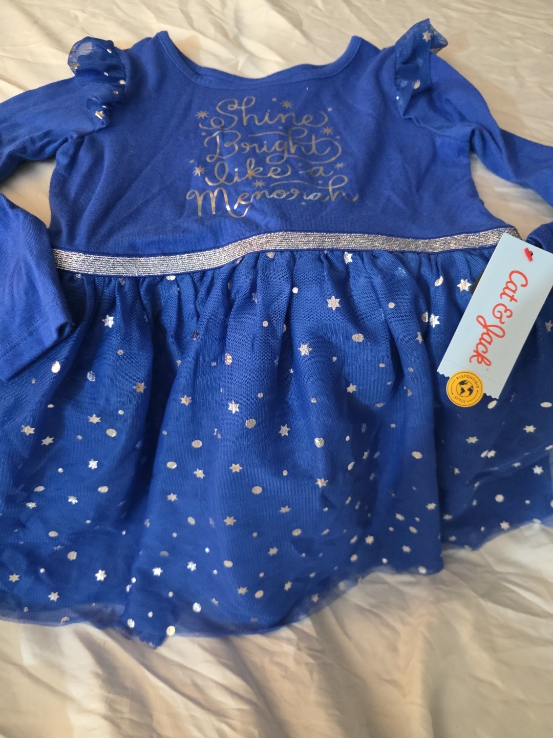Girl's Cat & Jack Blue Shine Bright Long Sleeve Hanukkah Dress Size 2T