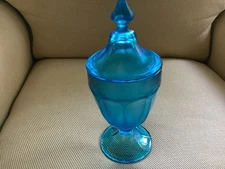 Vintage 1920's Fenton Celeste Blue Iridescent Stretch Glass Covered Candy Dish