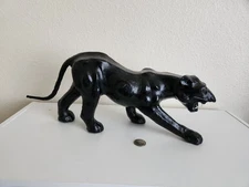 Vintage Leather Wrapped Black Panther Sculpture Black MCM Realistic 17"