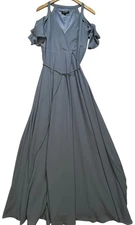Lulus Womens Wrap Flowy Maxi Dress Cold Shoulder Size S Dusty Blue