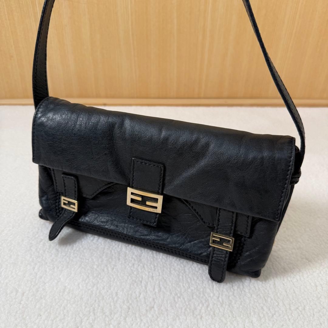 FENDI Vintage Mamma Bucket Handbag Leather Black Gold Hardware From Japan Women